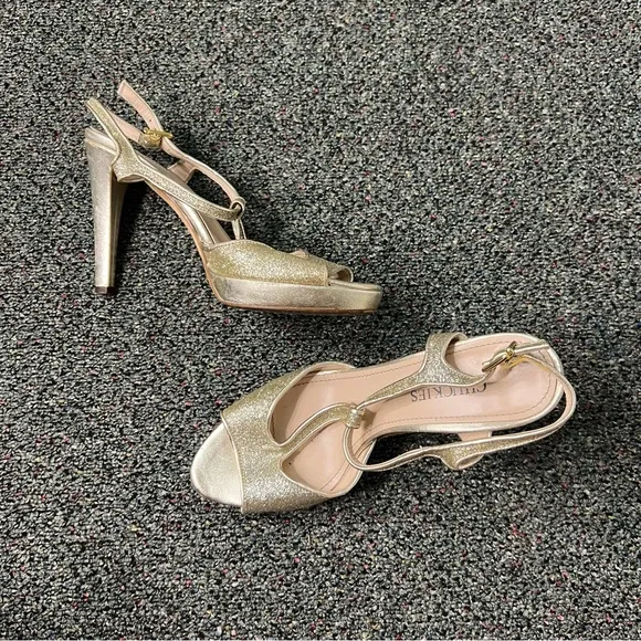 CHUCKIES VERO CUOIO Gold Sparkly Strappy Platform Stiletto Italy Heels Shoes 7.5