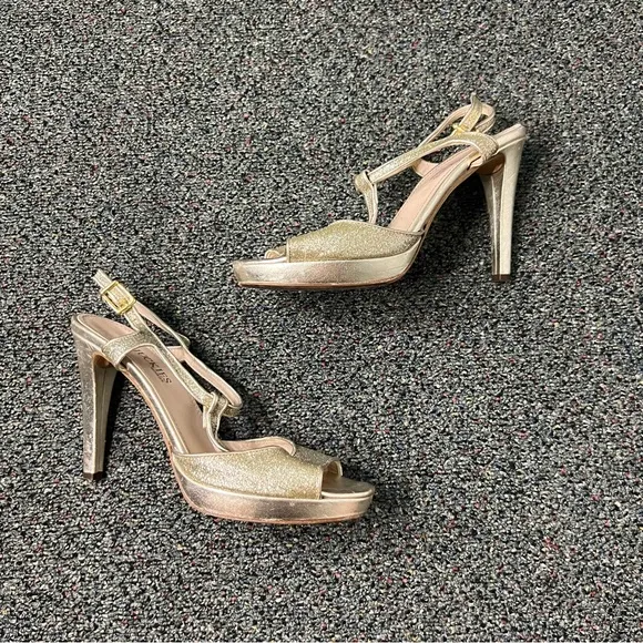 CHUCKIES VERO CUOIO Gold Sparkly Strappy Platform Stiletto Italy Heels Shoes 7.5