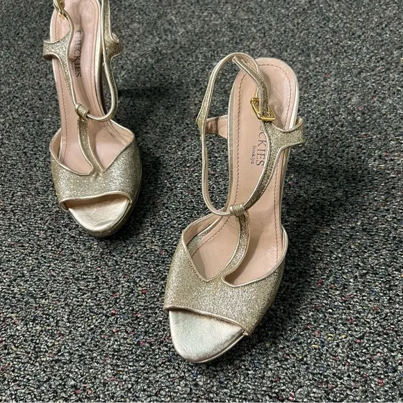 CHUCKIES VERO CUOIO Gold Sparkly Strappy Platform Stiletto Italy Heels Shoes 7.5