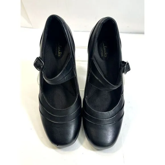 Clarks Bendables Black Mary Jane Heels Shoes Size 9 Wide Buckle