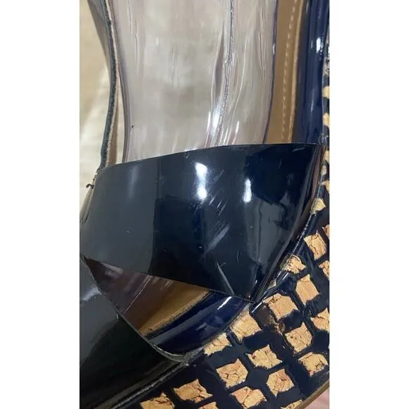 Clarks Heels Womens Size 9M Navy Patent Leather Strappy Wedge Sandals
