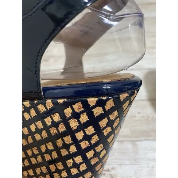 Clarks Heels Womens Size 9M Navy Patent Leather Strappy Wedge Sandals