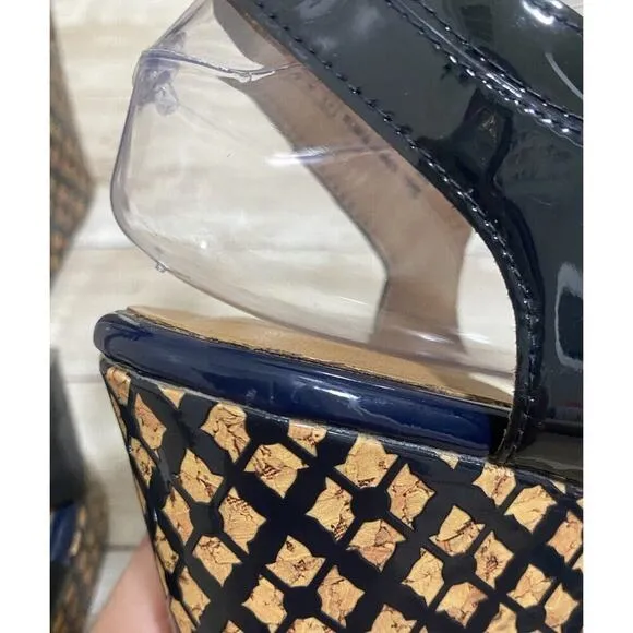Clarks Heels Womens Size 9M Navy Patent Leather Strappy Wedge Sandals