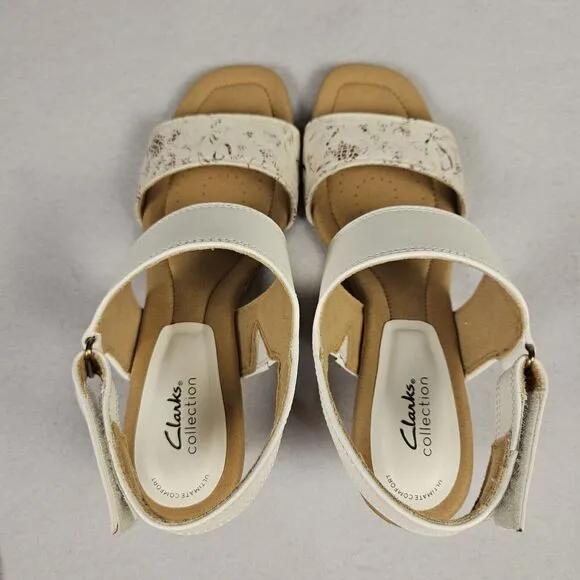 Clarks Kyarra Faye Sandals Size 7.5 Leather 26171239 Cork Wedge White Floral NEW