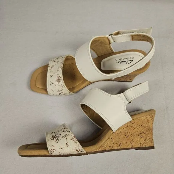 Clarks Kyarra Faye Sandals Size 7.5 Leather 26171239 Cork Wedge White Floral NEW