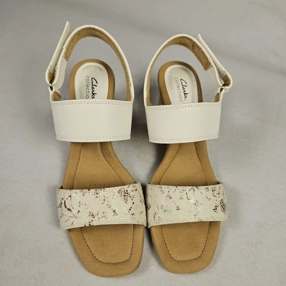 Clarks Kyarra Faye Sandals Size 7.5 Leather 26171239 Cork Wedge White Floral NEW