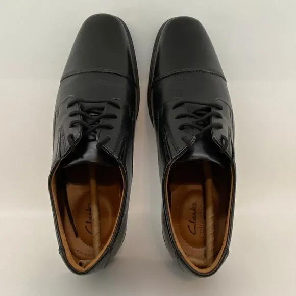 Clarks Men's Size 8.5 Black Leather Oxford Tilden Cap Lace Up Dress Shoes NEW