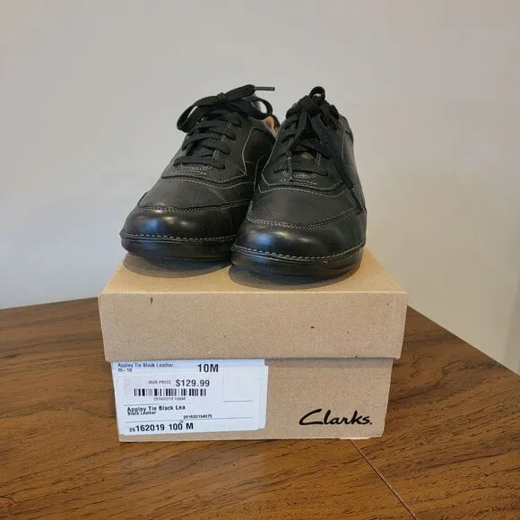 Clarks Women's Appley Tie Oxford Black Leather Shoes Size 10 M Sneakers With Box