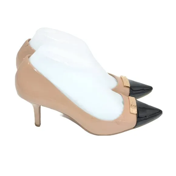 Coach Black Tan Beige Spectator Cap Toe Color Block Patent Leather Heels Pumps 7