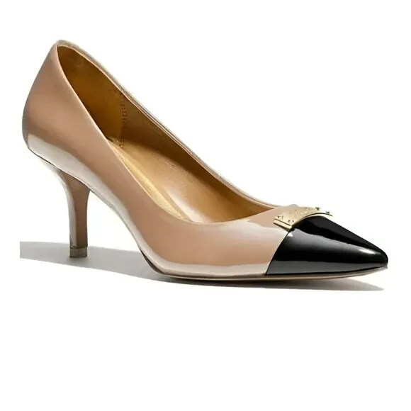 Coach Black Tan Beige Spectator Cap Toe Color Block Patent Leather Heels Pumps 7