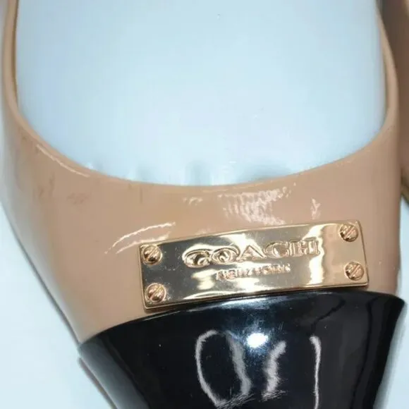 Coach Black Tan Beige Spectator Cap Toe Color Block Patent Leather Heels Pumps 7