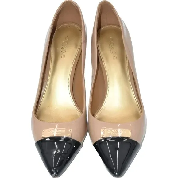 Coach Black Tan Beige Spectator Cap Toe Color Block Patent Leather Heels Pumps 7