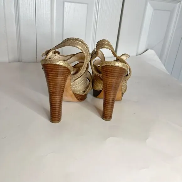 Coach Brynne Leather Metallic Gladiator Strappy Stiletto Wood Slingback Sandals