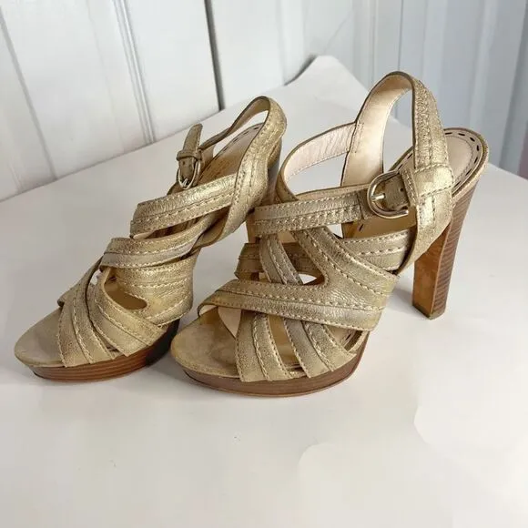 Coach Brynne Leather Metallic Gladiator Strappy Stiletto Wood Slingback Sandals