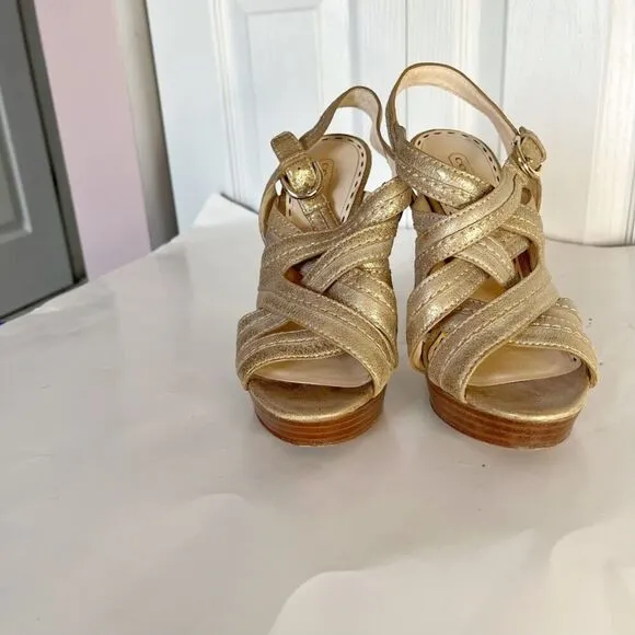 Coach Brynne Leather Metallic Gladiator Strappy Stiletto Wood Slingback Sandals
