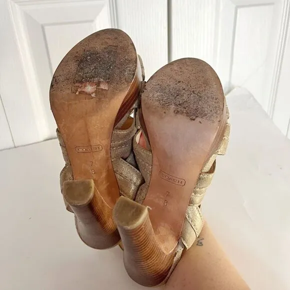 Coach Brynne Leather Metallic Gladiator Strappy Stiletto Wood Slingback Sandals