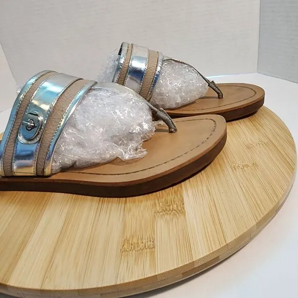 COACH Eileen Leather Turn Lock Slide Sandals Flip Flops Chalk Silver Sz 10 B