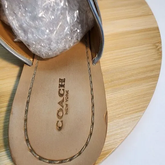 COACH Eileen Leather Turn Lock Slide Sandals Flip Flops Chalk Silver Sz 10 B