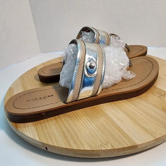 COACH Eileen Leather Turn Lock Slide Sandals Flip Flops Chalk Silver Sz 10 B
