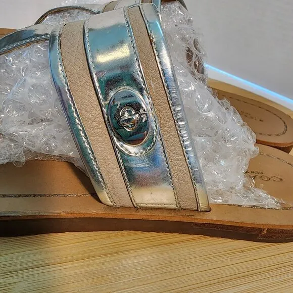COACH Eileen Leather Turn Lock Slide Sandals Flip Flops Chalk Silver Sz 10 B