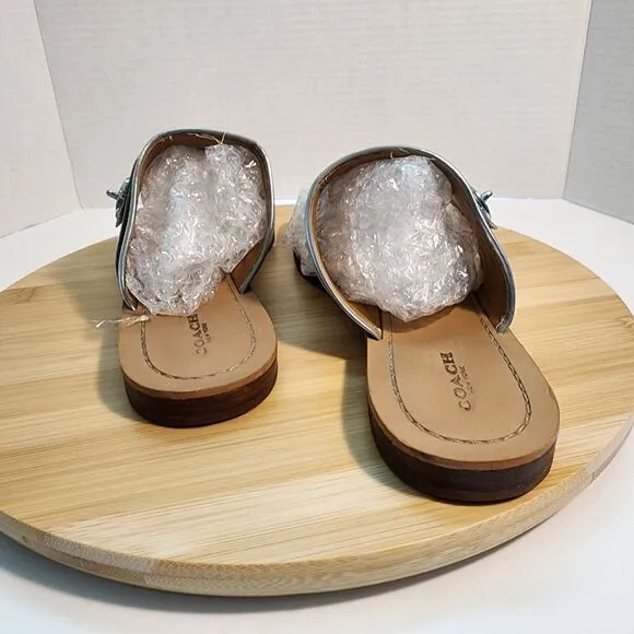 COACH Eileen Leather Turn Lock Slide Sandals Flip Flops Chalk Silver Sz 10 B