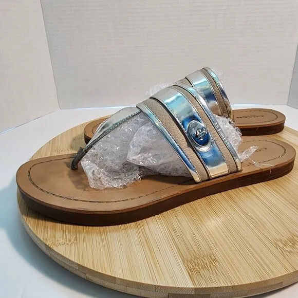 COACH Eileen Leather Turn Lock Slide Sandals Flip Flops Chalk Silver Sz 10 B