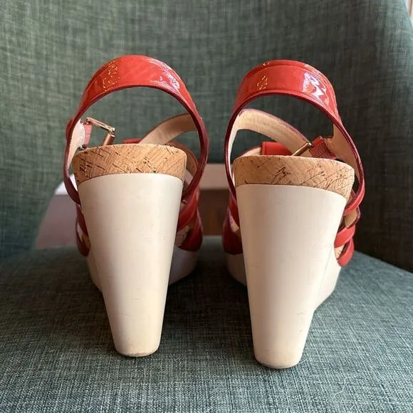 Coach Fran Wedge Ankle Strap Sandals Women sz 7 orange platform patient leather