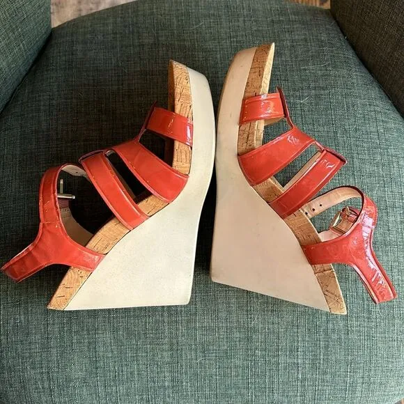 Coach Fran Wedge Ankle Strap Sandals Women sz 7 orange platform patient leather