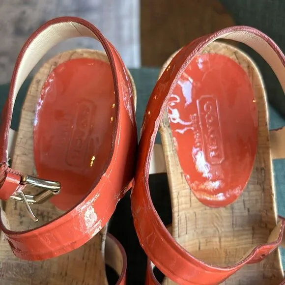 Coach Fran Wedge Ankle Strap Sandals Women sz 7 orange platform patient leather