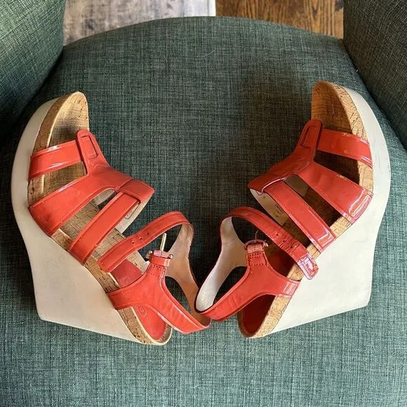 Coach Fran Wedge Ankle Strap Sandals Women sz 7 orange platform patient leather
