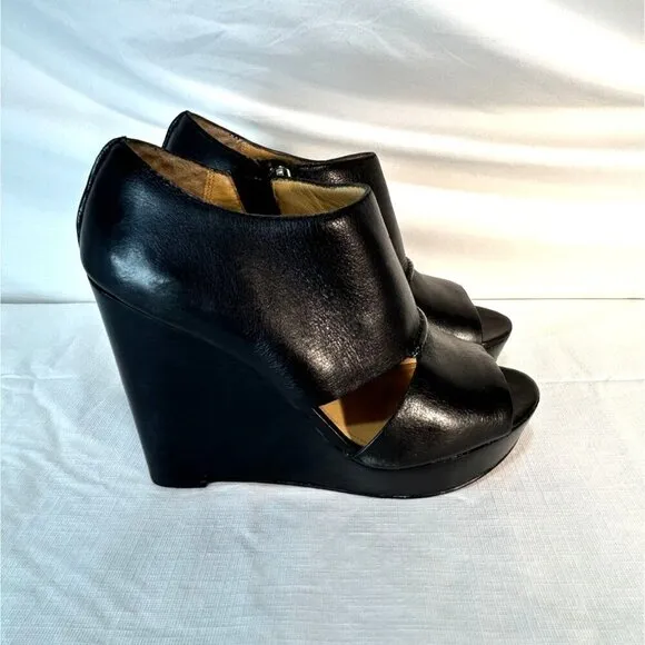 Coach Jaelyn Q1219 Black Wedge Heels Platform Sandals Leather Open Toe 7B