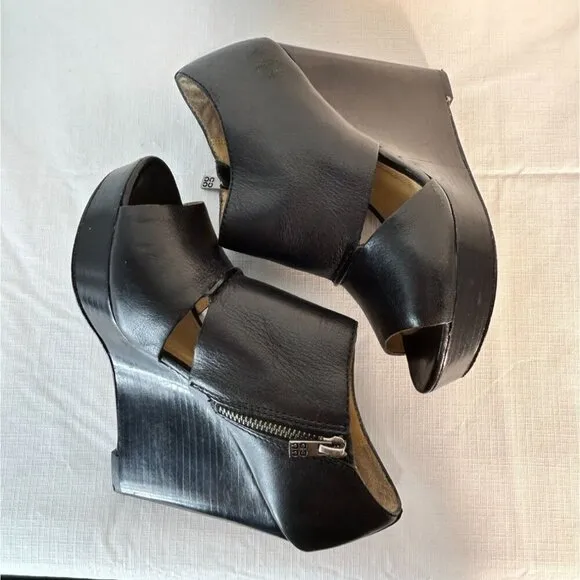 Coach Jaelyn Q1219 Black Wedge Heels Platform Sandals Leather Open Toe 7B