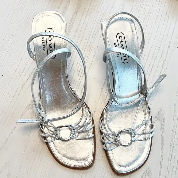 Coach Lanie Strappy Leather Heeled Sandals Silver size 11 Made in Italy
