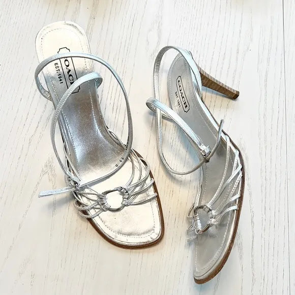 Coach Lanie Strappy Leather Heeled Sandals Silver size 11 Made in Italy