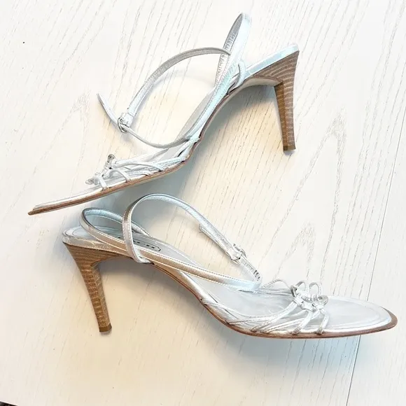 Coach Lanie Strappy Leather Heeled Sandals Silver size 11 Made in Italy