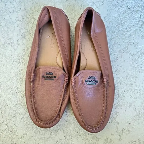 Coach Mary lock up flats loafers caramel brown pebbled leather Sz 6.5