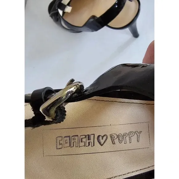 COACH Poppy Horizon Black Patent Leather Flower Ankle Heeled Sandals Sz 10 B