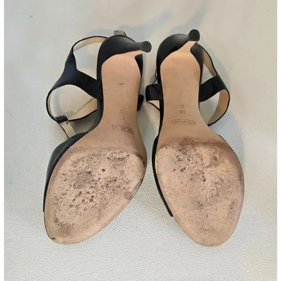COACH Poppy Horizon Black Patent Leather Flower Ankle Heeled Sandals Sz 10 B