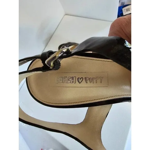 COACH Poppy Horizon Black Patent Leather Flower Ankle Heeled Sandals Sz 10 B