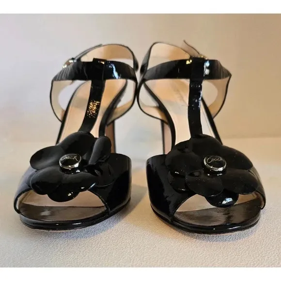 COACH Poppy Horizon Black Patent Leather Flower Ankle Heeled Sandals Sz 10 B