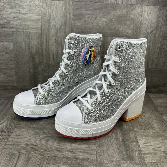 Converse 70 De Luxe Heel High Pride Proud Women's size 9.5 Silver Glitter Shoes