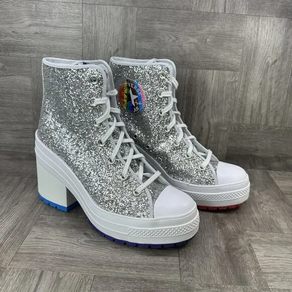 Converse 70 De Luxe Heel High Pride Proud Women's size 9.5 Silver Glitter Shoes