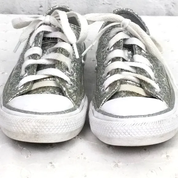 Converse All Star Silver Glitter White Cap Toe Lace Up Sneaker Youth Size 12