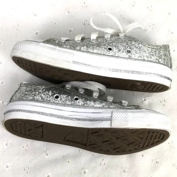 Converse All Star Silver Glitter White Cap Toe Lace Up Sneaker Youth Size 12