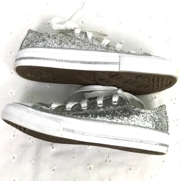 Converse All Star Silver Glitter White Cap Toe Lace Up Sneaker Youth Size 12