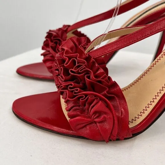 Courtney Crawford Ruffle Leather Strappy Heels Sandals Red 38.5 (8) Made‎ Italy