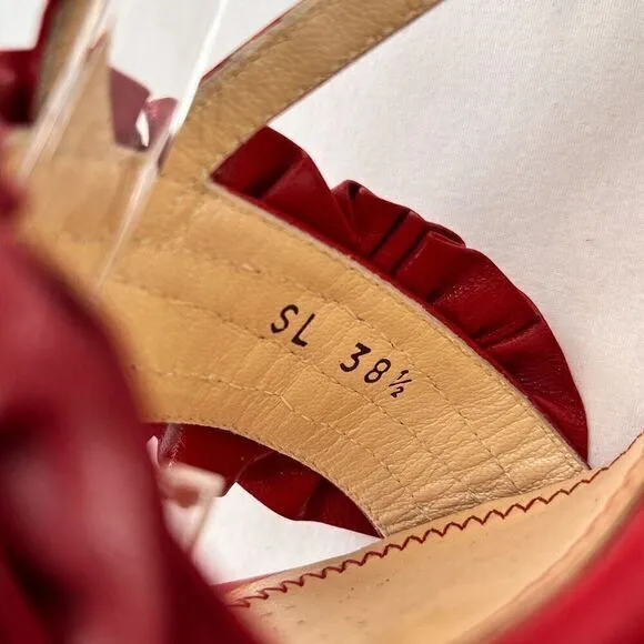Courtney Crawford Ruffle Leather Strappy Heels Sandals Red 38.5 (8) Made‎ Italy