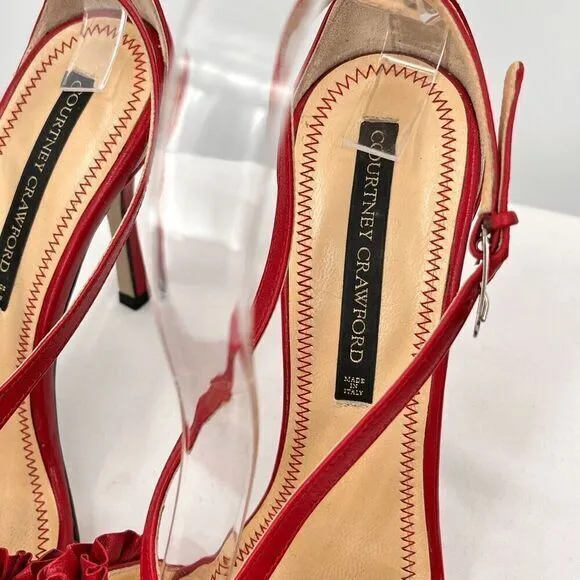 Courtney Crawford Ruffle Leather Strappy Heels Sandals Red 38.5 (8) Made‎ Italy