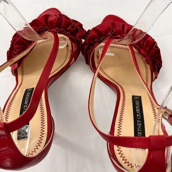 Courtney Crawford Ruffle Leather Strappy Heels Sandals Red 38.5 (8) Made‎ Italy