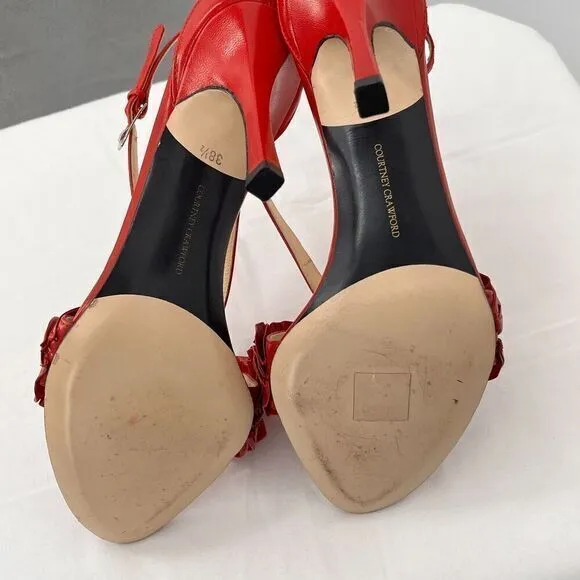Courtney Crawford Ruffle Leather Strappy Heels Sandals Red 38.5 (8) Made‎ Italy